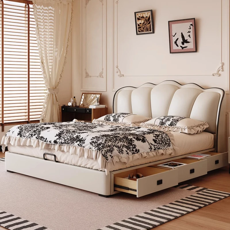 سرير مزدوج من الجلد الفرنسي، حديث وبسيط، بثلاثة أدراج، سرير للكبار، تخزين ناعم لحفلات الزفاف، أثاث غرفة نوم Cama De Casal #1