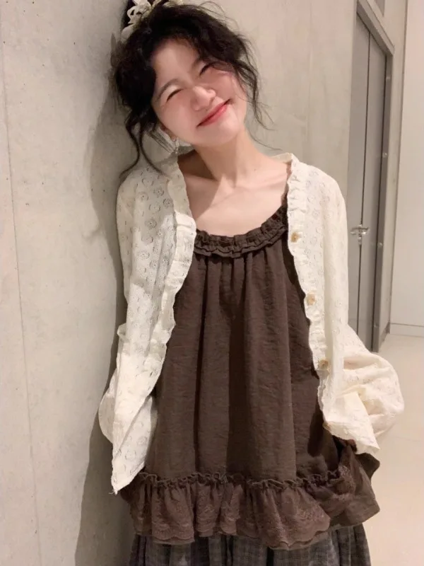 

Уникальная майка Pure Desire большого размера с деревянной отделкой мм плюс солнцезащитный кардиган Long Sve, комплект из двух предметов, женская мода...