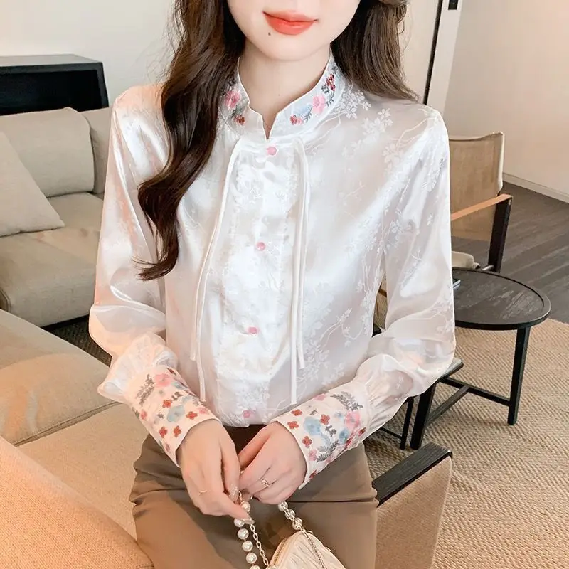 Chinese Stijl Bloemen Borduren Tops Blouse Vrouwen Lente Elegante Shirts Rechte Broek Zachte Casual Losse Drape Wijde Pijpen Broek