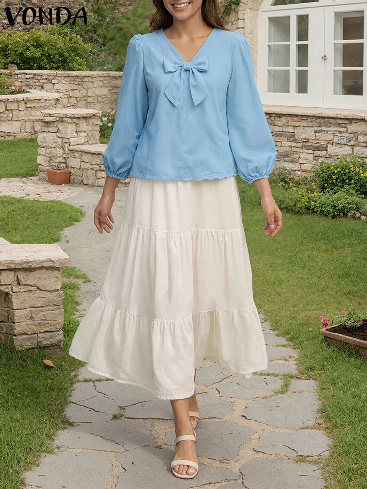 

VONDA 2022, осенние корейские топы, женские элегантные блузки с бантом и v-образным вырезом, стильные рубашки, однотонная туника с пышными рукавами и пуговицами, праздничные блузки