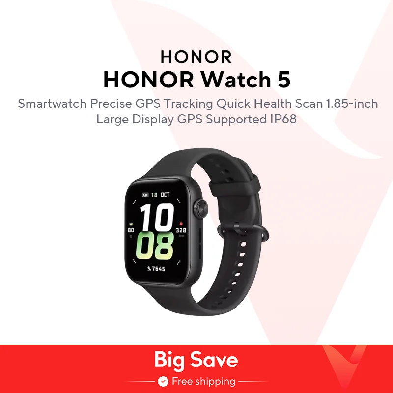 Honor Watch 5 Smartwatch with 1.85" AMOLED, Heart Rate + Sleep + Stress Monitors, supp