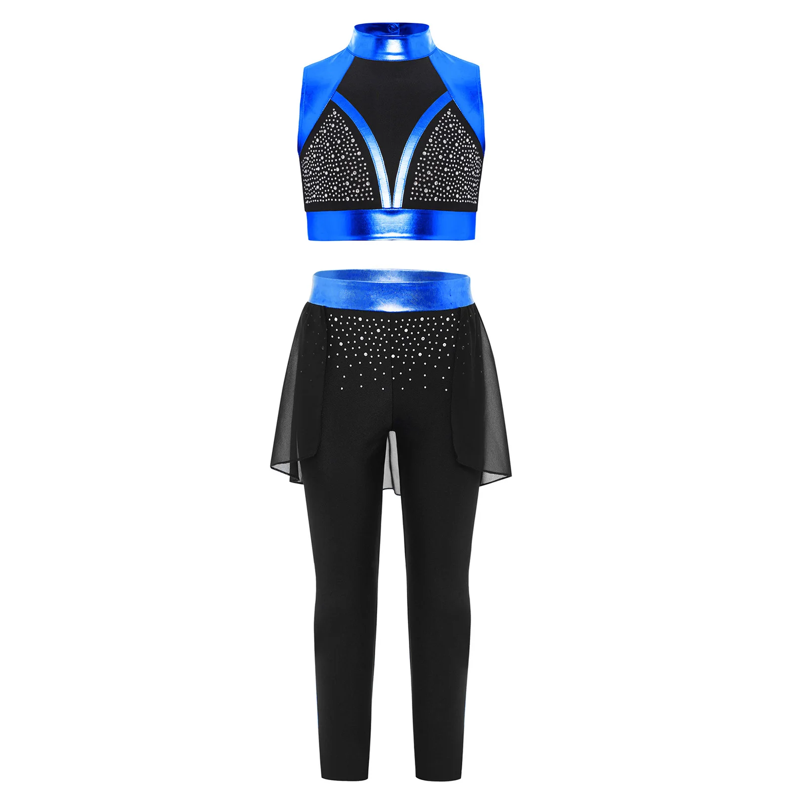 

2Pcs Kids Girls Hip-hop Jazz Dance Costume Sleeveless Shiny Rhinestones Color Block Metallic Tank Crop Top+Pants Set Streetwear