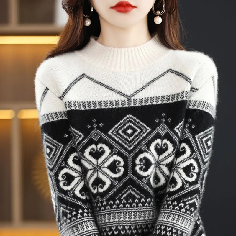 New Autumn/Winter Fashion Korean Edition Jacquard Half High Neck Plush Thickened Loose and Versatile Western Women\'s Sweater