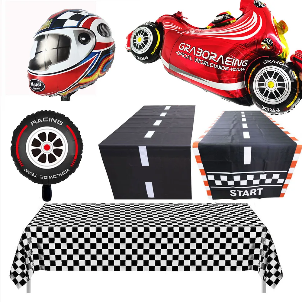 1set 137x274cm Black White Tablecloths Racing Car Motorcycle Theme Party Dispossible Plastic Tablecover Birthday Party Supplies