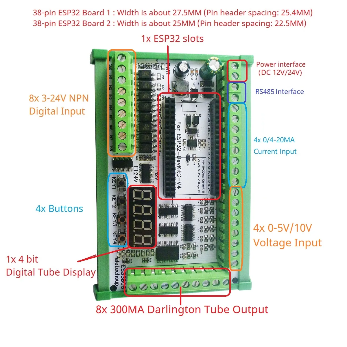 ES32A08 DC 12V 24V Multifunction ESP32 Expansion Board Wifi Digital Analog IO Module for Arduino WEB MQTT Ethernet Network DIY