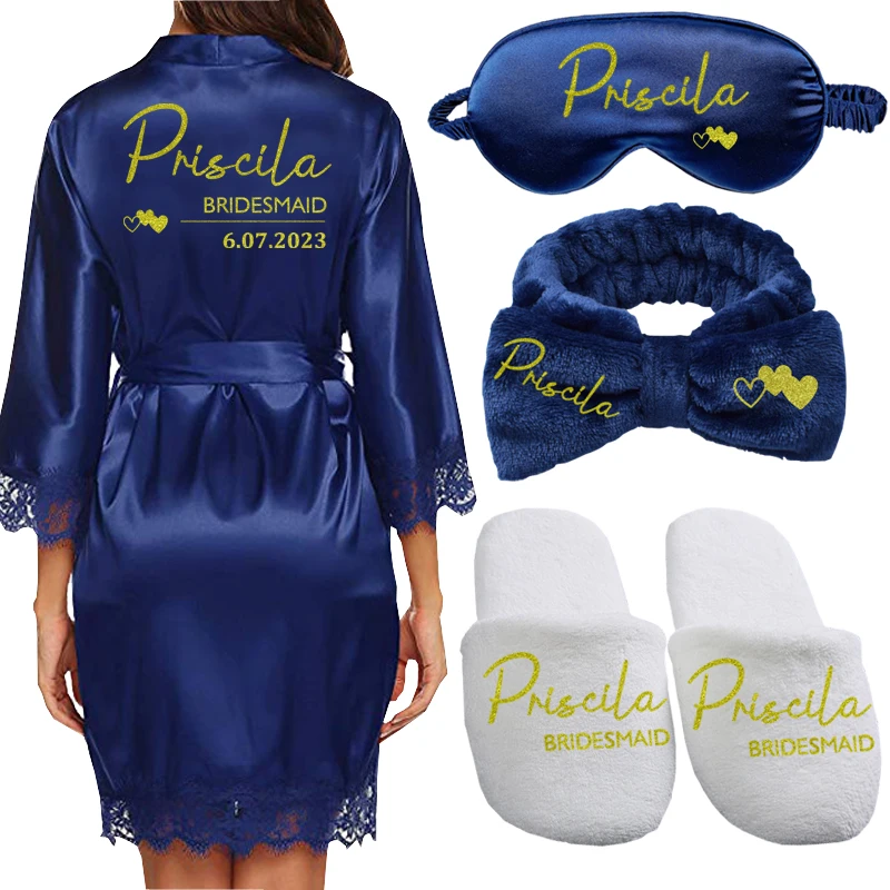 Personalized Name Logo Wedding Date Printed Robes Bridal Gift Nightdress Bathrobe Kimono Gown Sleepwear Bride Set with Veil