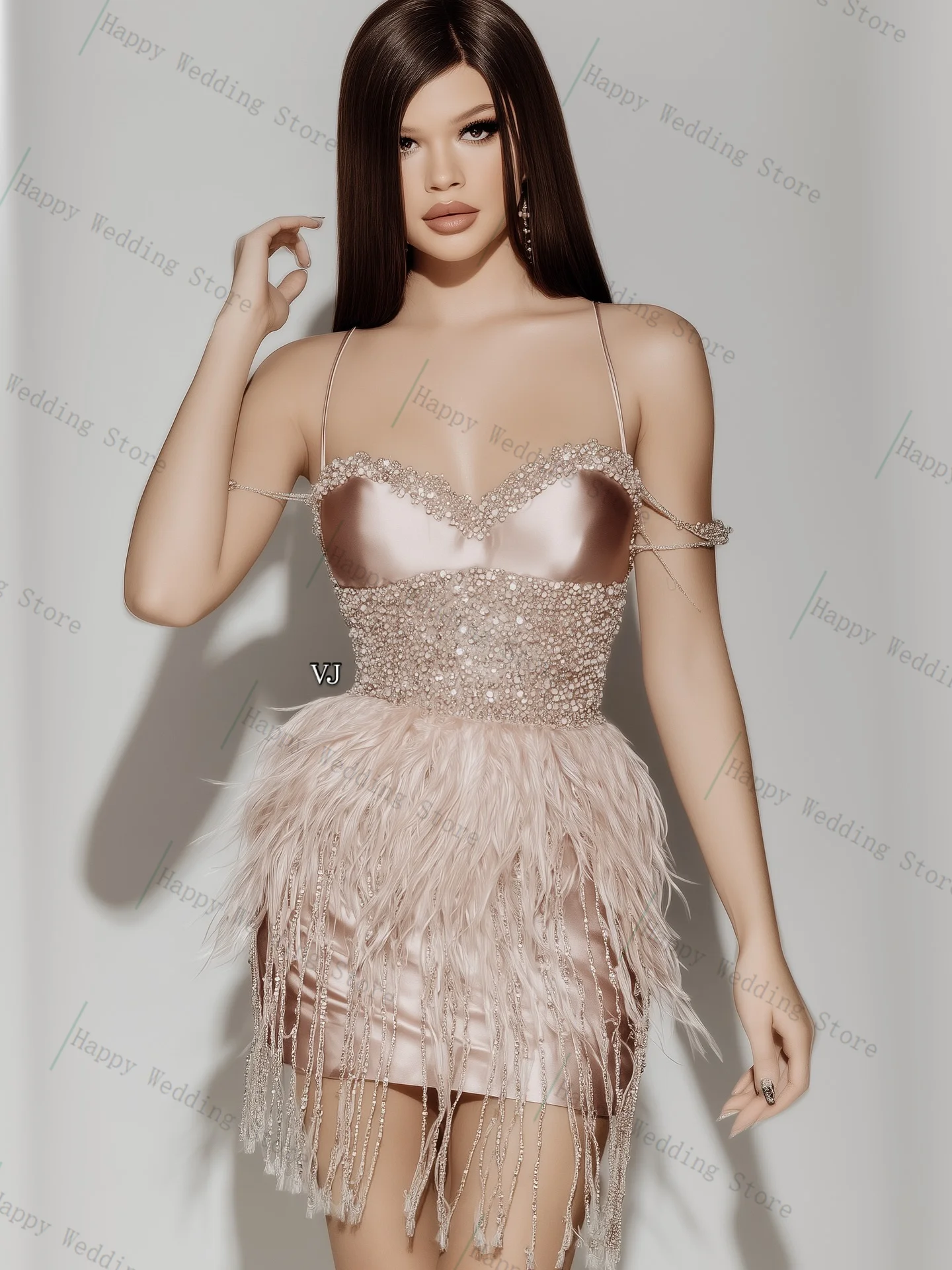 

Luxury Feather Prom Dress Crystals Elegant Sexy Sleeveless Short Mini Evening Gown Customized Wedding Guest Party Robe