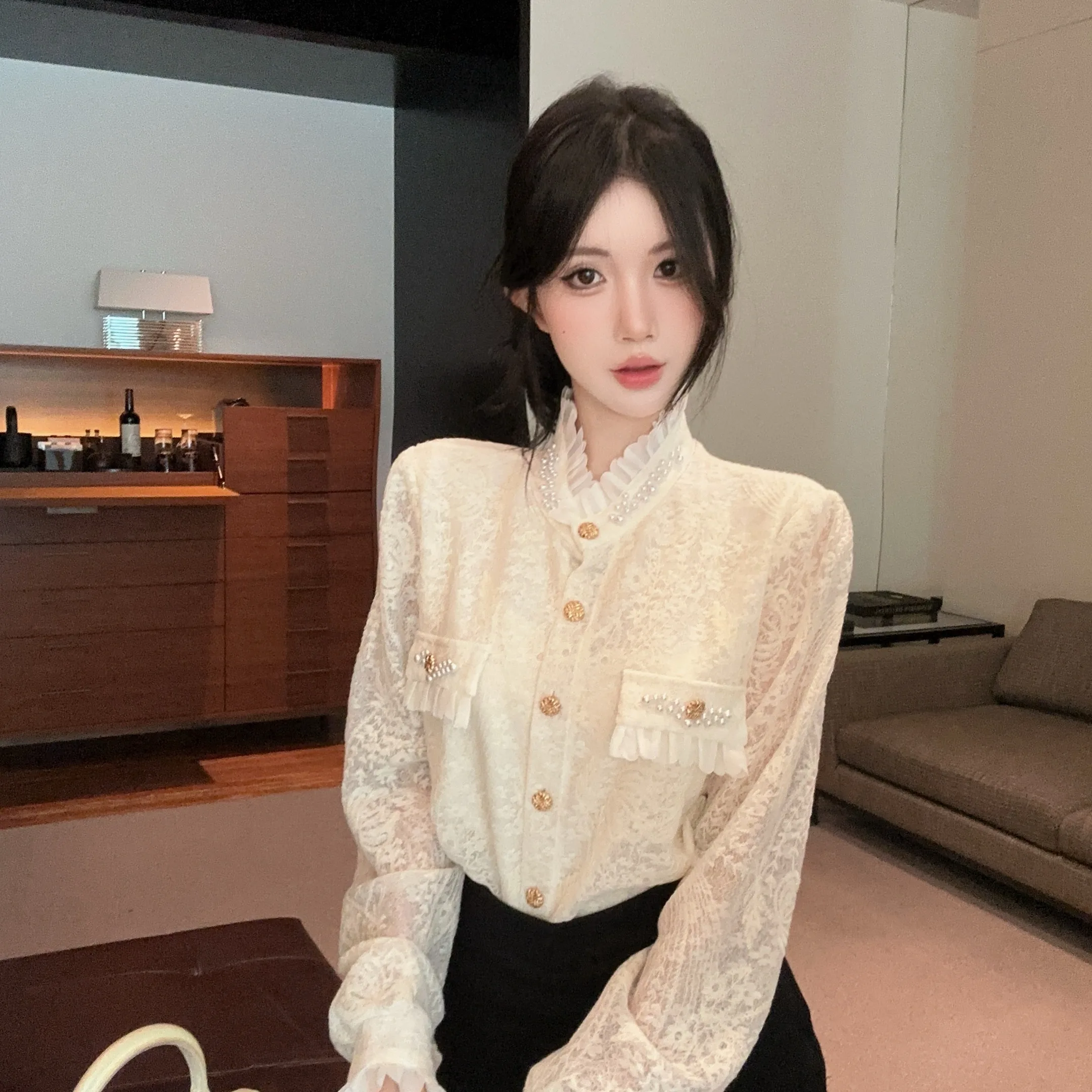 

Ele Long Sve Embroidered Lace irt Stand Collar Wood ain Beaded New Autumn Winter Faion Women's Top