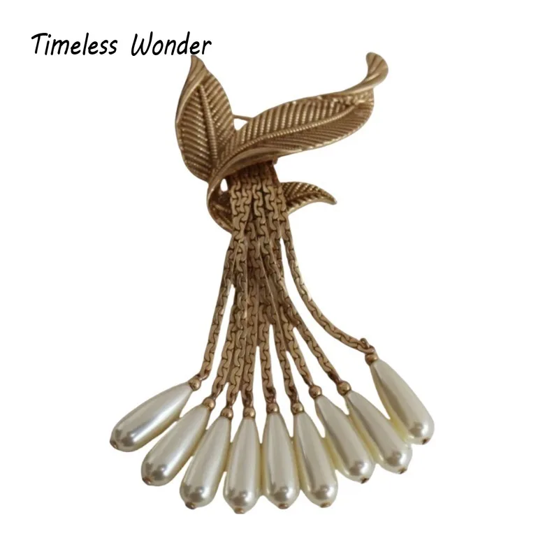 Timeless Wonder Retro Leaf Glass Beaded Tassel Brooch Pins for Women Designer Jewelry Runway Rare Luxury Gift Cute Top Mix 5385