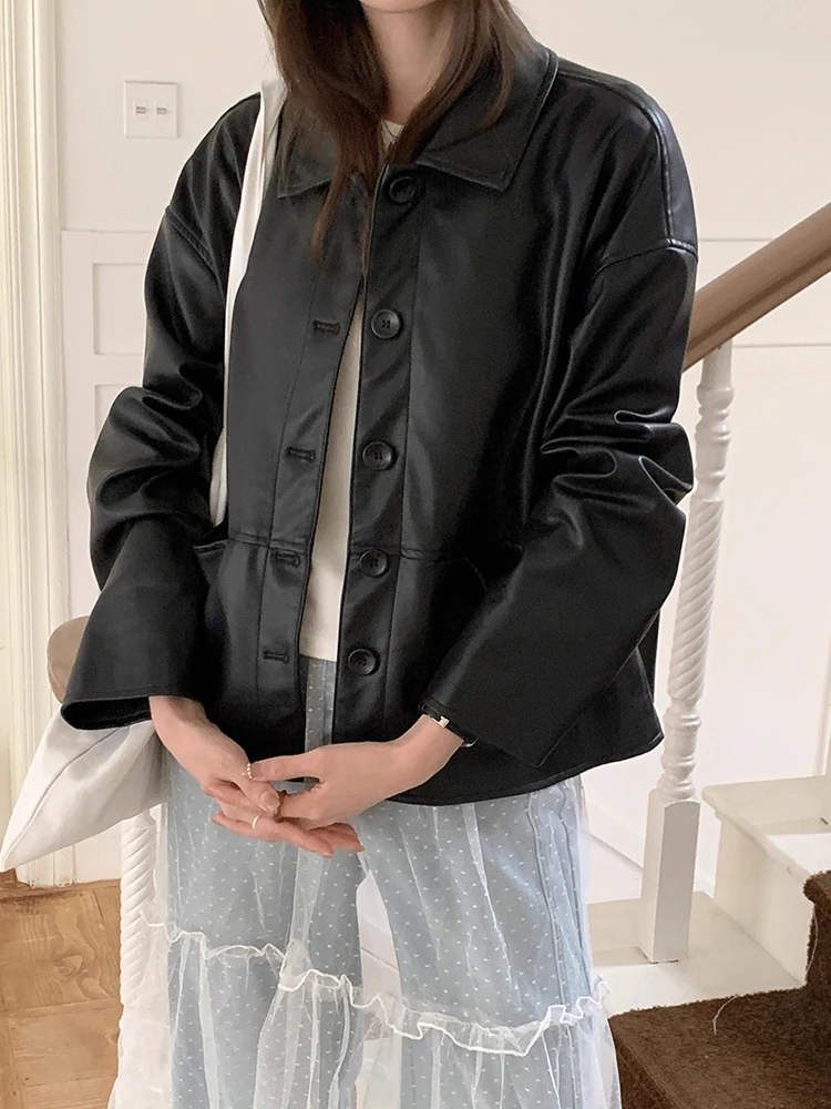 Sli Vintage Biker Jaet Cappotto da donna in pelle PU con colletto lungo e ampio, versatile capispalla autunnale Faion