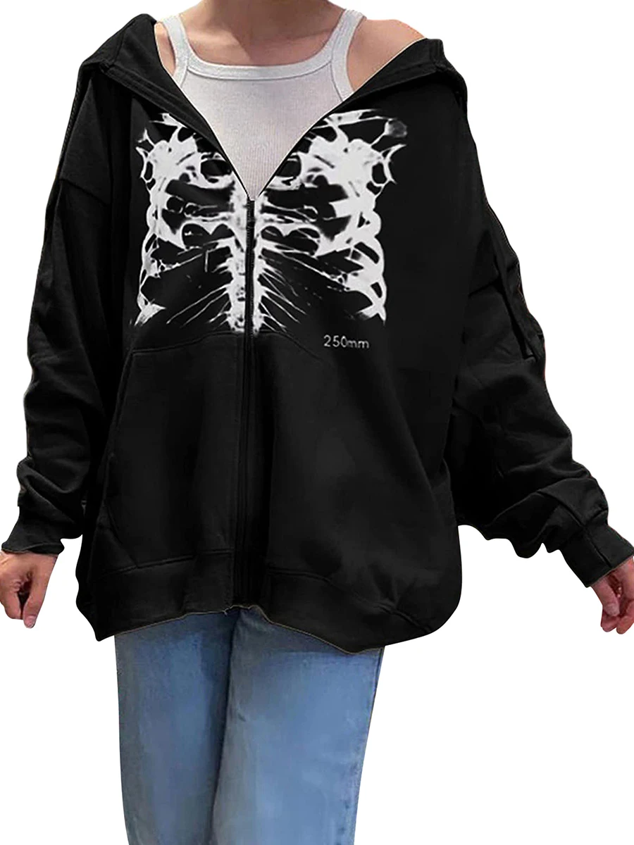 

Skeleton Zip Up Hoodie Vintage Aesthetic Graphic Goth Clothes Oversized Sweatshirt Harajuku Jackets Coat