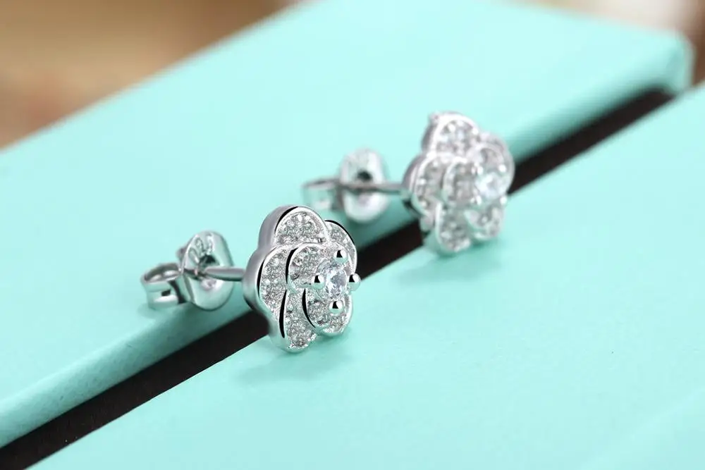 

Real 925 Sterling Silver Plum blossom Flower Earrings For Women Christmas Gift Hot Wedding Statement Jewelry Pendientes Brincos