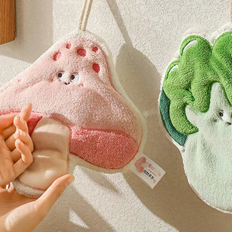 1Pc Hand Towel Cartoon Wipe Handkerchief Rag Vegetable Shape Towels For Wiping Hands Thickening Absorbent With Hanging Loop