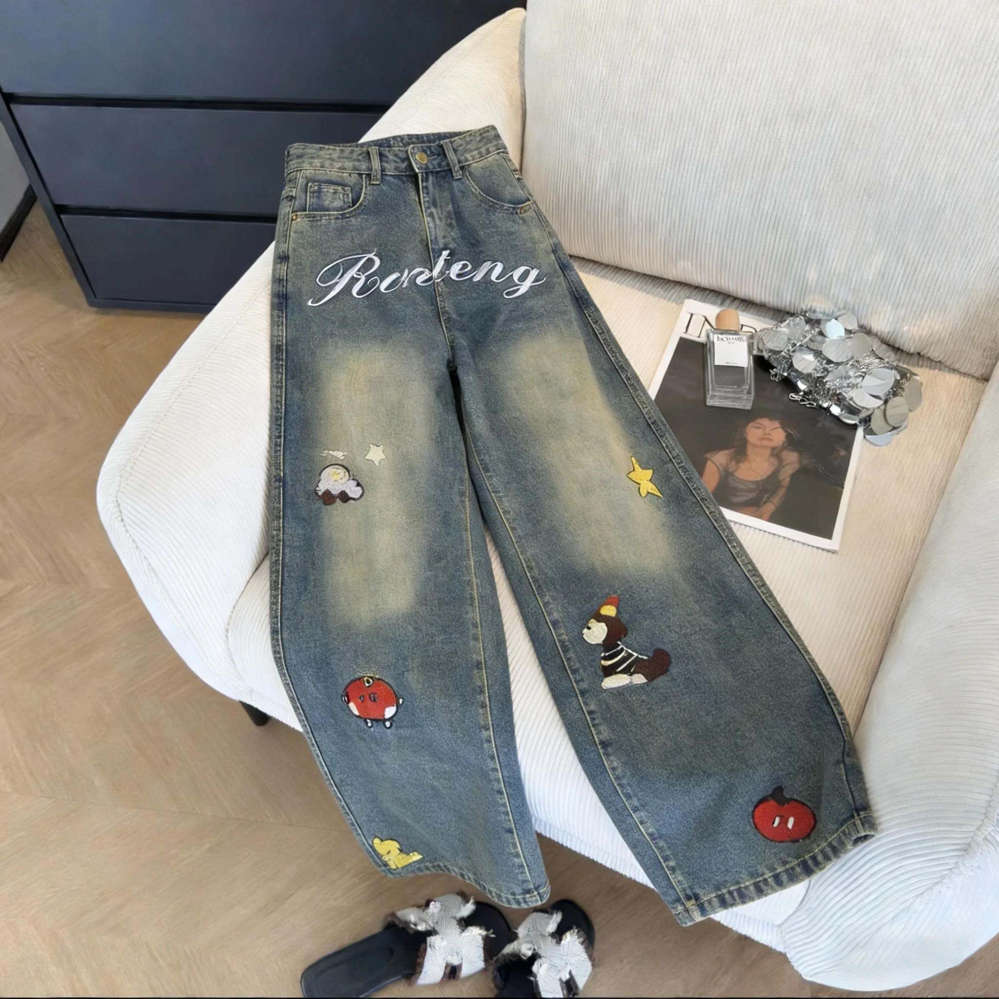 

American Retro Street Cartoon Letter Print Loose Wide Leg Jeans Women's Spring Autumn Trendy Design Casual Comfortable Jeans