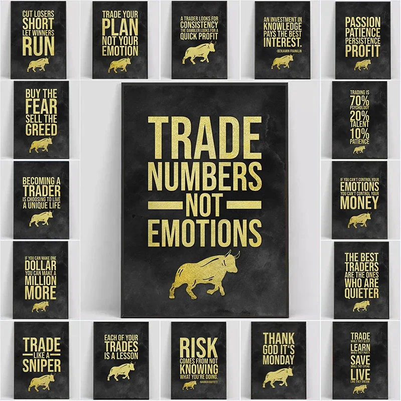Póster comercial dorado del mercado de valores en negro y dorado, pintura en lienzo, cita motivacional de dinero, arte de pared para decoración del hogar y la sala de oficina