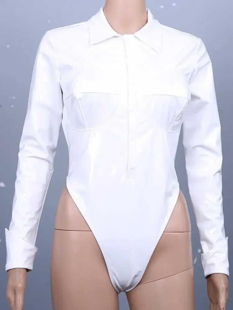 

Single Breasted Shiny Faux PU Leather Bodysuit 3D Shaped Bust Wet Look PVC Catsuit Tights Hot Sexy Body Teddies Leotard Unitard