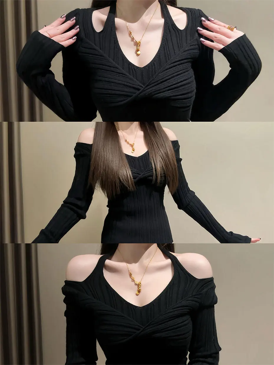 

Korean Style V-Neck Knitted Top Women's Slim Fit Base Layer Shirt Twisted Knot Fake Two-Piece Long Sleeve Autumn Winter Fashion