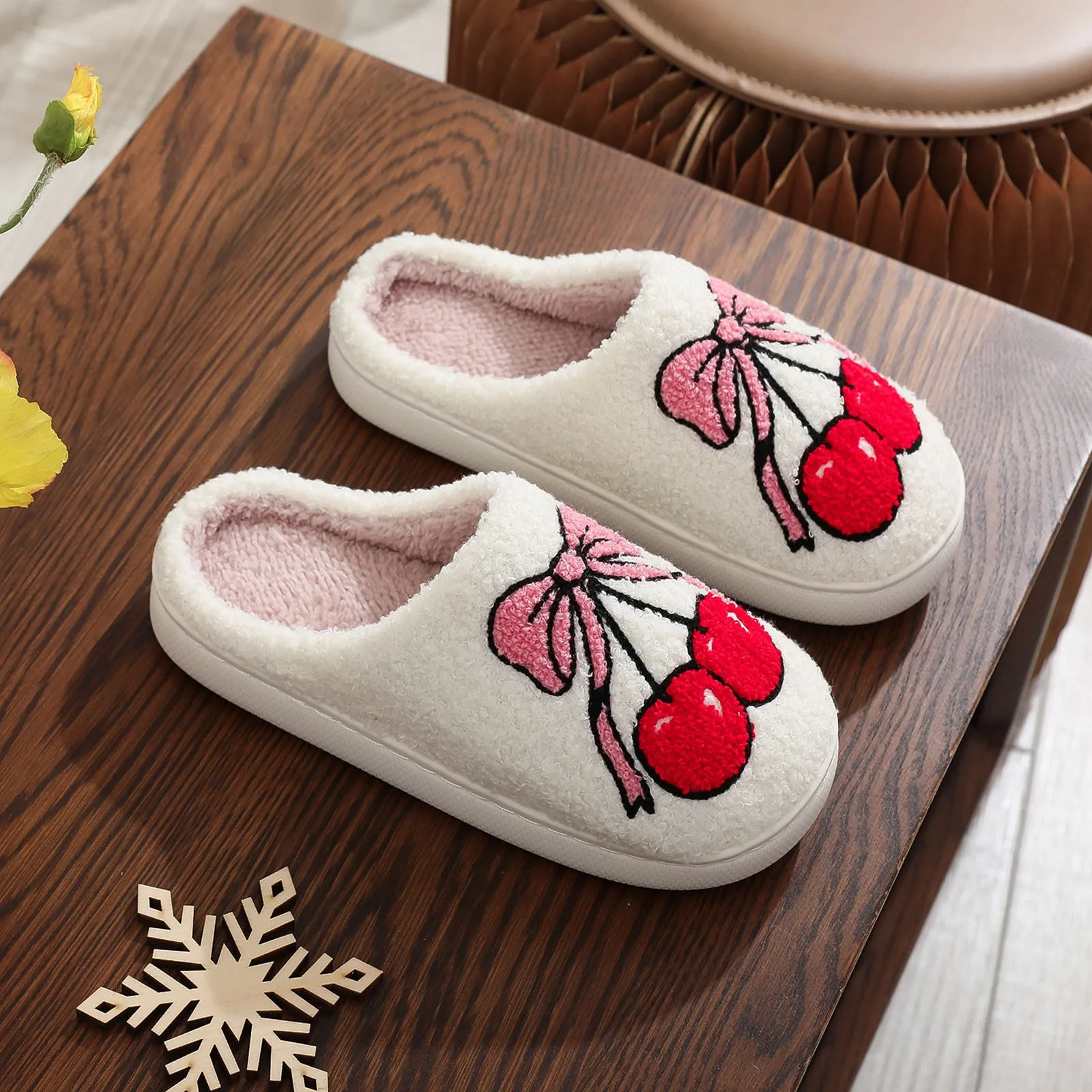 Christmas Cotton Slippers For Men And Women Party Supplies Cute Bow Cherry Embroidery Plush Winter Warm House Slippers For Women