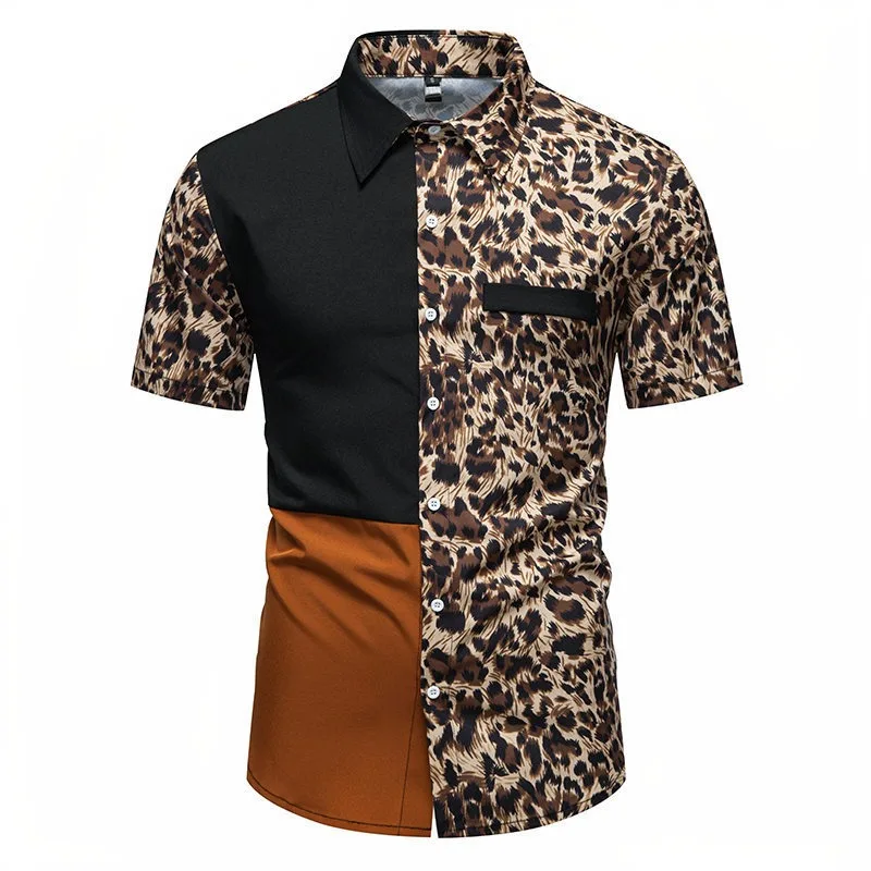 

Men's Leopard Print Color Block Short Sleeve Shirt Button Down Casual Party Shirt for b Vaion