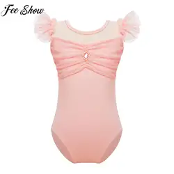 Kids Girls Ruffle Sleeve Leotard Ruched Mesh Patchwork Cutout Back Bodysuit for Ballet Dance Gymnastics