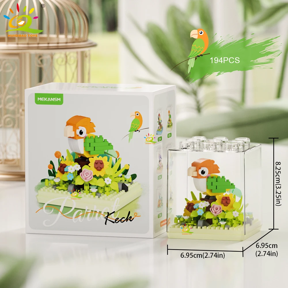 HUIQIBAO MOC Papagei Vogel Blume mit Display Box Micro Baustein Mini Diamant Modell Ziegel Spielzeug für Kinder Schreibtisch Dekor. – Detail 13
