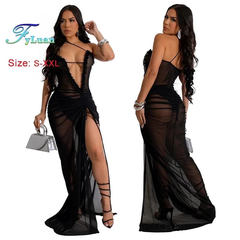 2025 Nieuwe Vrouwen Sexy Avondjurk Effen Kleur Diepe V-hals Zoom Split Lange Jurk Mode See-Through Mouwloze Afslanken dame Jurk