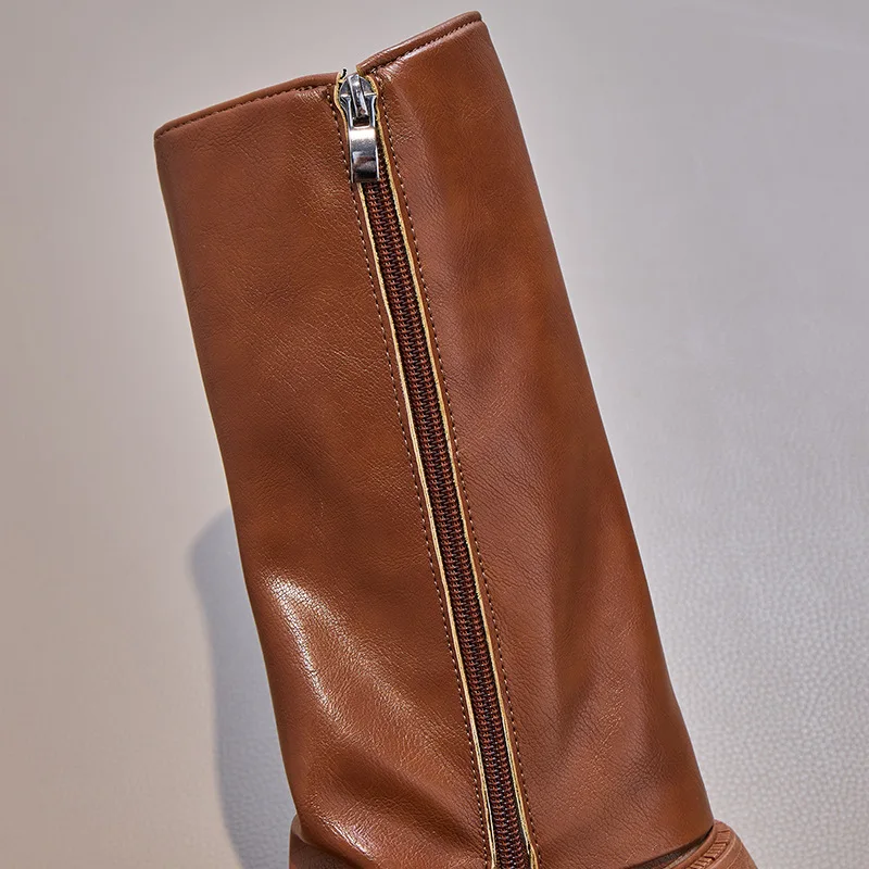Kinder Herbst Winter Chunky Heel Reitstiefel Mädchen Studenten Gürtelschnalle Rutschfeste Modische Stiefel Vintage Plissierte Warme Lange Stiefel – Detail 11