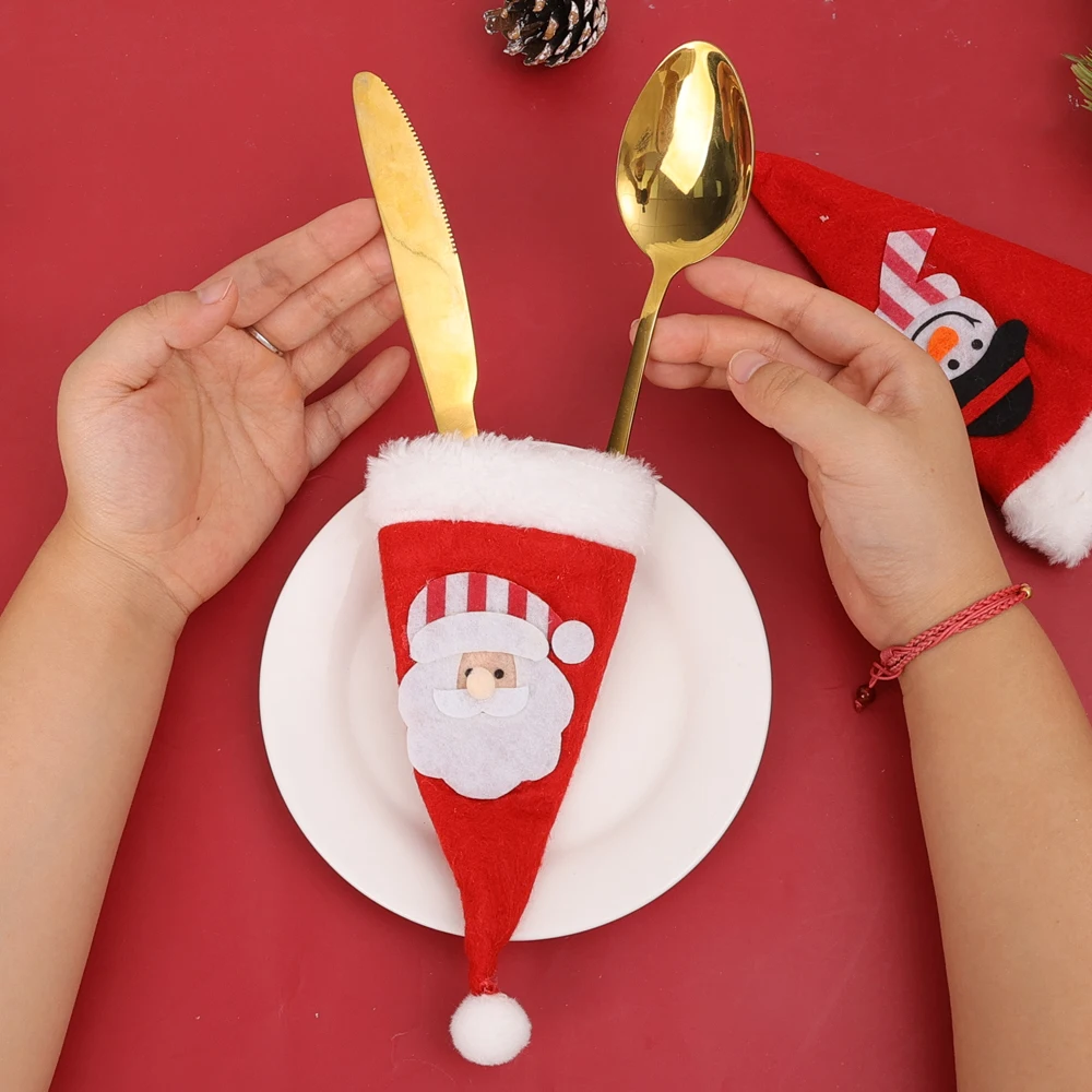 8/1Pcs Christmas Tableware Holder Bags Christmas Hat Fork Knife Cutlery Bag Xmas Home Kitchen Decor Ornament Navidad New Year