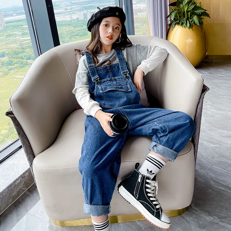 New Girl Jumpsuit Fashion Solid Color Jeans Overalls for Kids Teenage Cotton Suspenders Clothes Loose Children Denim Romper