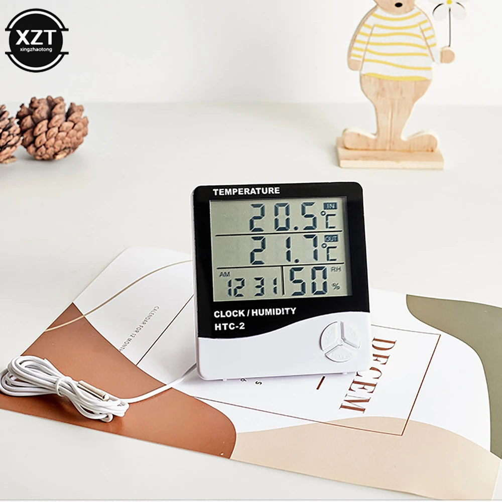 New LCD Electronic Digital Temperature Humidity Meter Indoor Outdoor Thermometer Hygrometer Weather Station Clock HTC-2