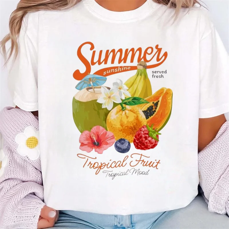 

Summer Print Cartoon Fresh Fruit Pattern Watercolor 90s Clothing O-Neck Women's Fashion Trend Style Fun White Top Cute T-Shirt