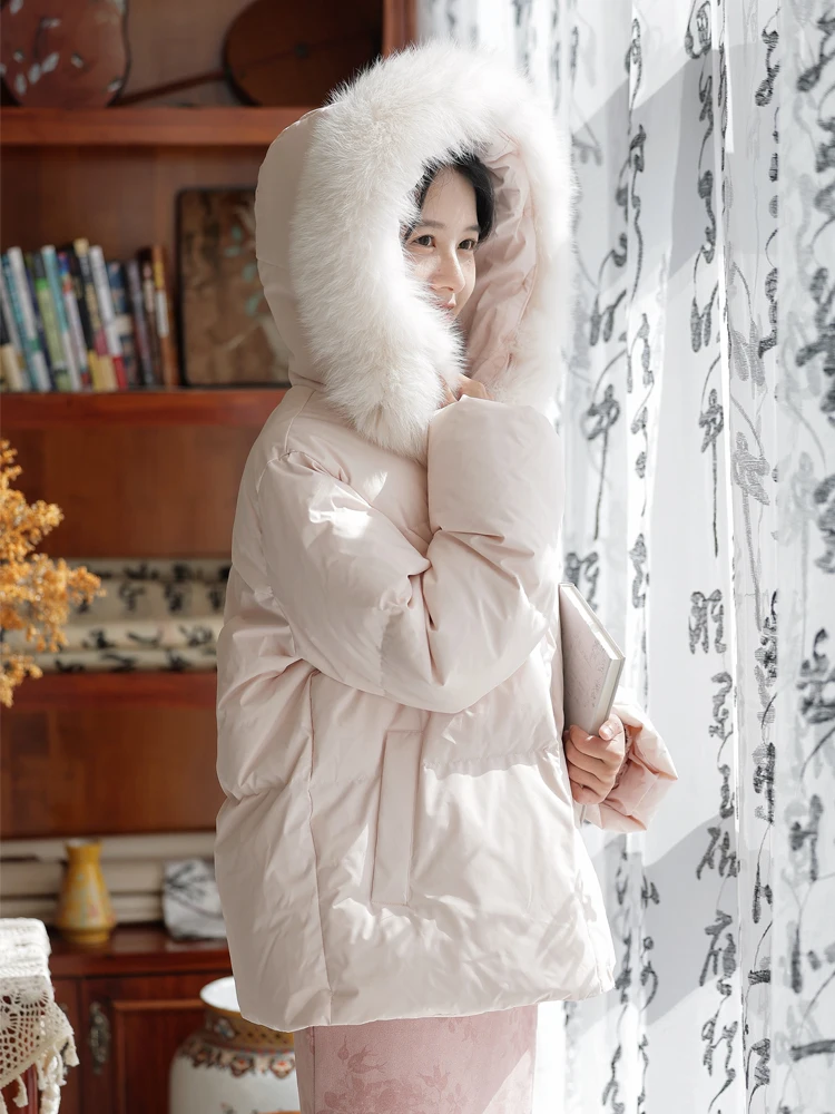 

Ele Winter Women's down Jaet Hooded Thiened Pink Fur Collar 90% White Du down Loose Outerwear Coat for Ladies