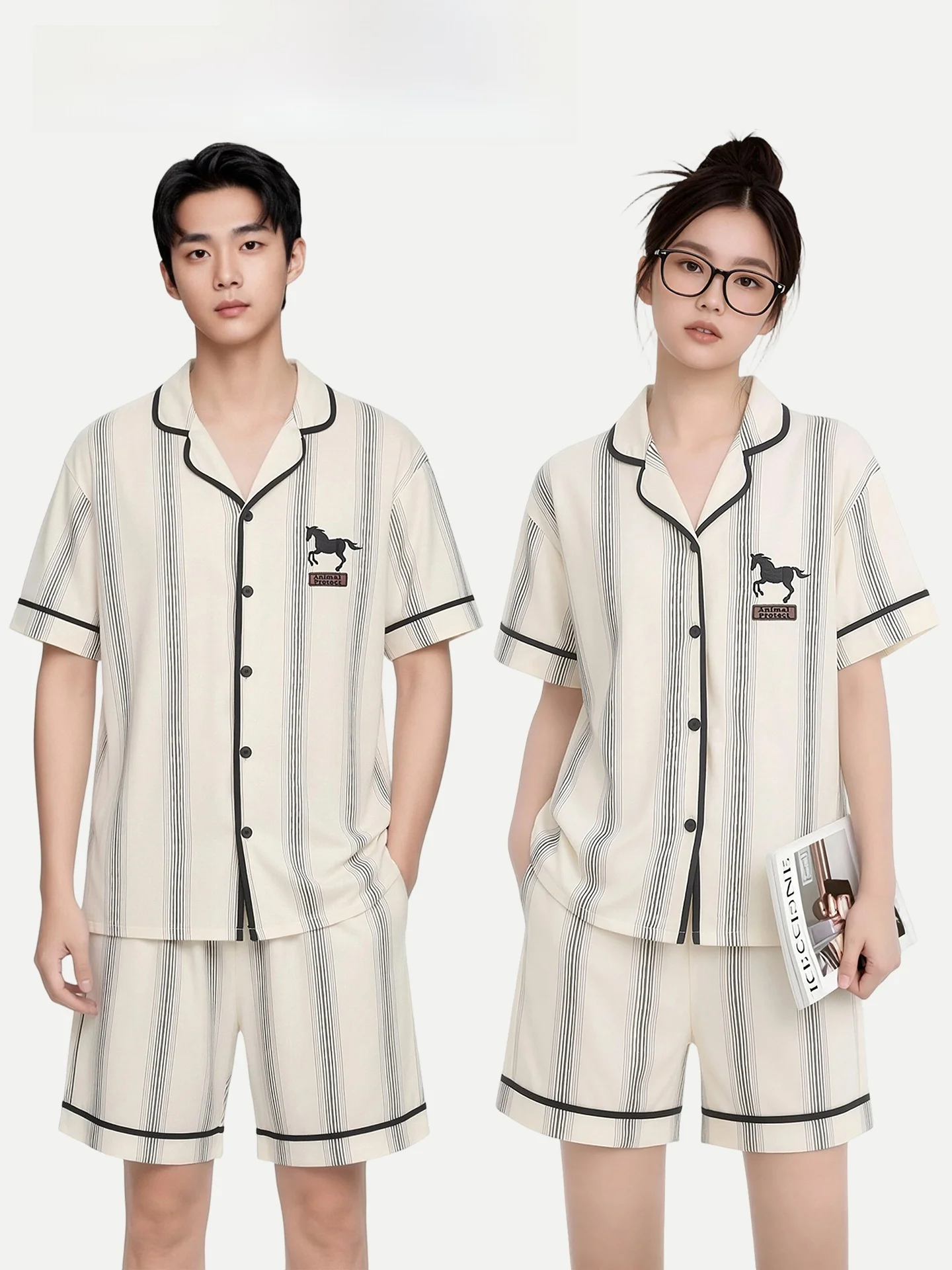 PinkBread Striped  Couple Pajamas Pure Cotton Short Sleeve Women's White Enhancing Summer Home Clothes Outdoor Wearable