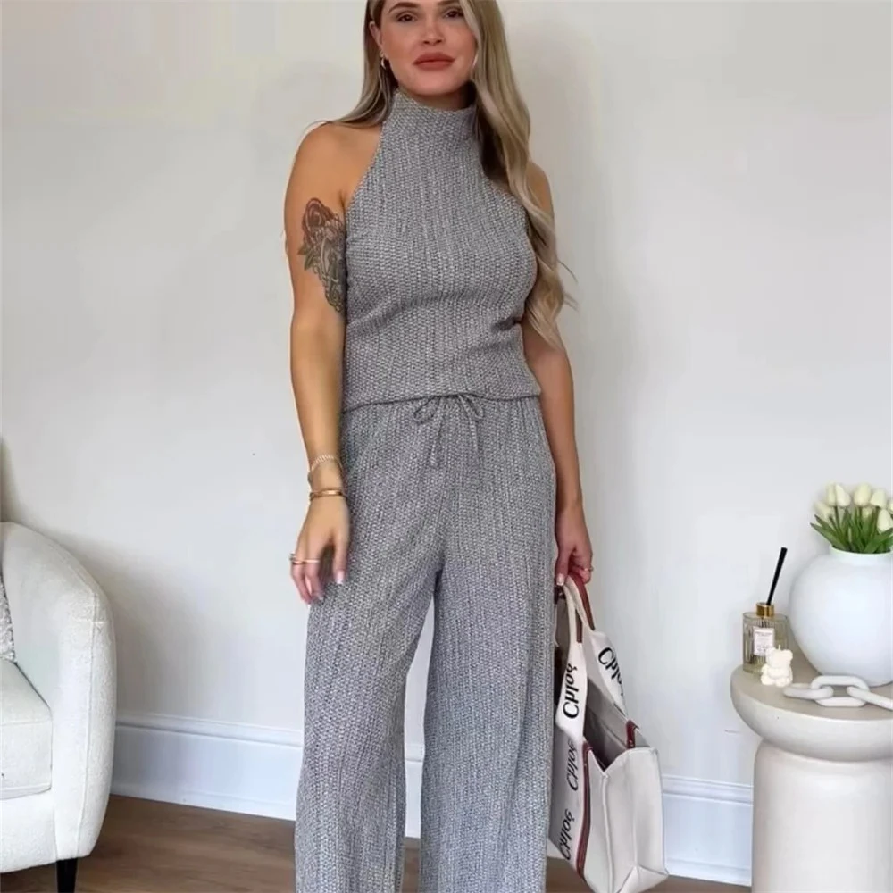 

Nimossa 2026 Summer Women's Fashion Design Sense Hanging Neck Top Straight Tube Texture Wide Leg Long Pants Set Wholesale