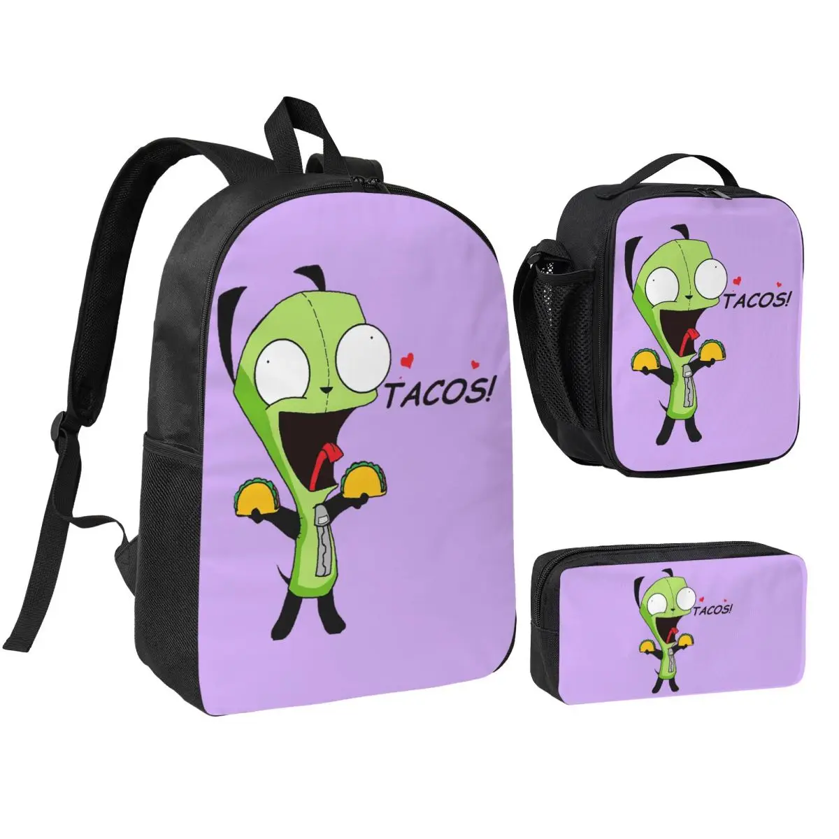 

Gir Loves Tacos (Invader Zim) Backpack Student BookBag School Bag Laptop Shoulder Bags 3ps Insulated Lunch Bag Pencil Case