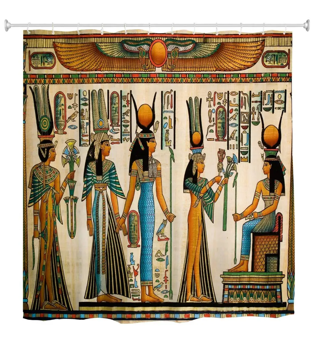 Egyptian Shower Curtain, Ancient Egypt Civilization Hieroglyphic African Woman Vintage Old Culture Print Bath Curtain with Hooks