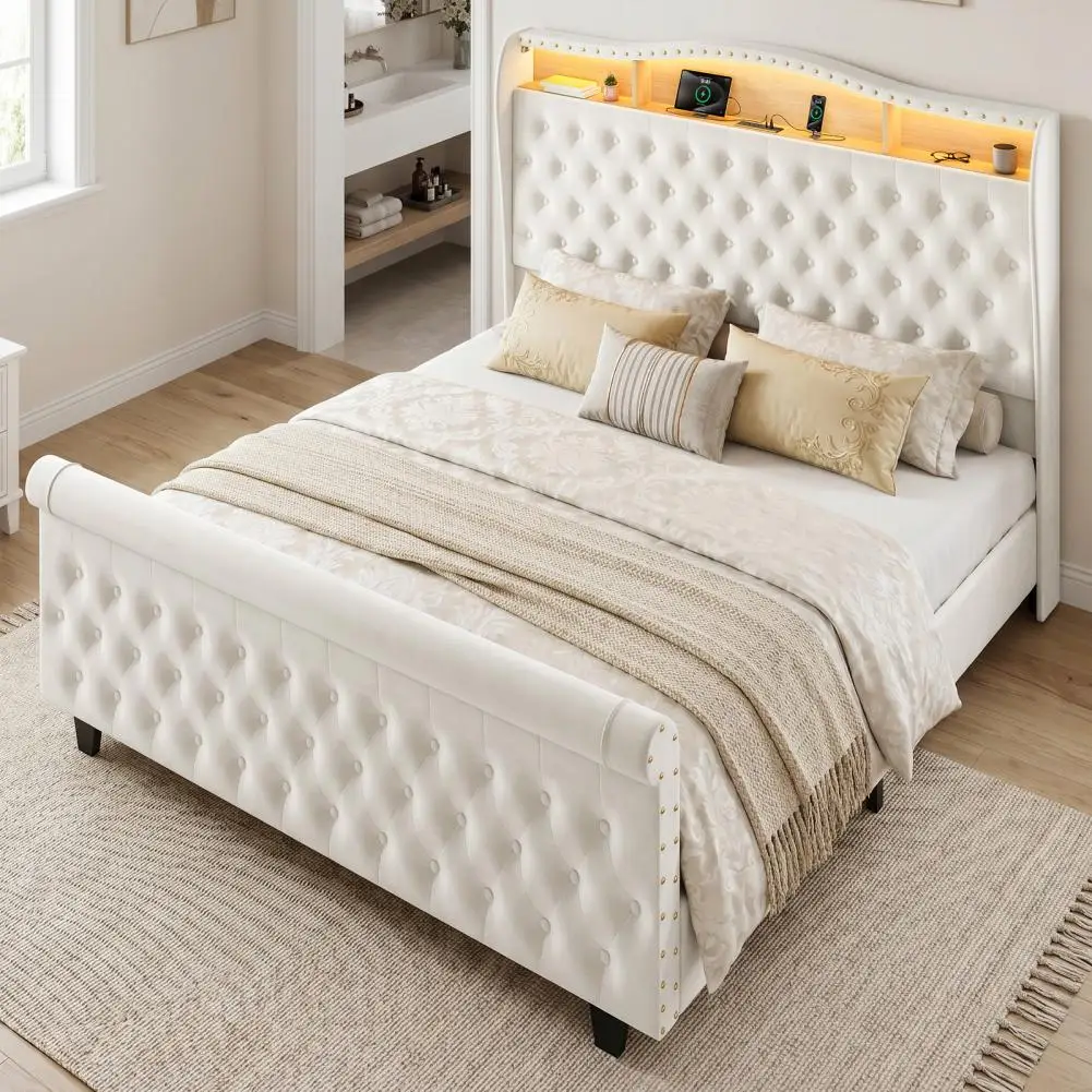 Bedstead, King Size Bed Frame, Velvet Upholstered Bed Frame, Storage Space, No Mattress, 220cmx200cmx130cm
