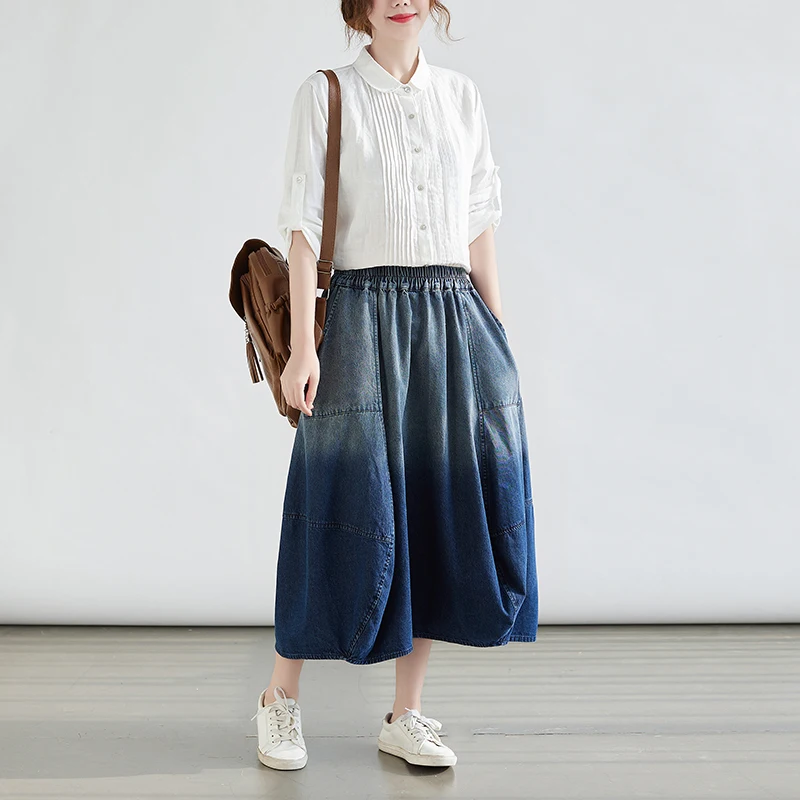 Jupe mi-longue en Denim pour femmes, grande taille, couleur adient, boutons, amincissante, longueur aux genoux, jupe trapèze polyvalente, printemps