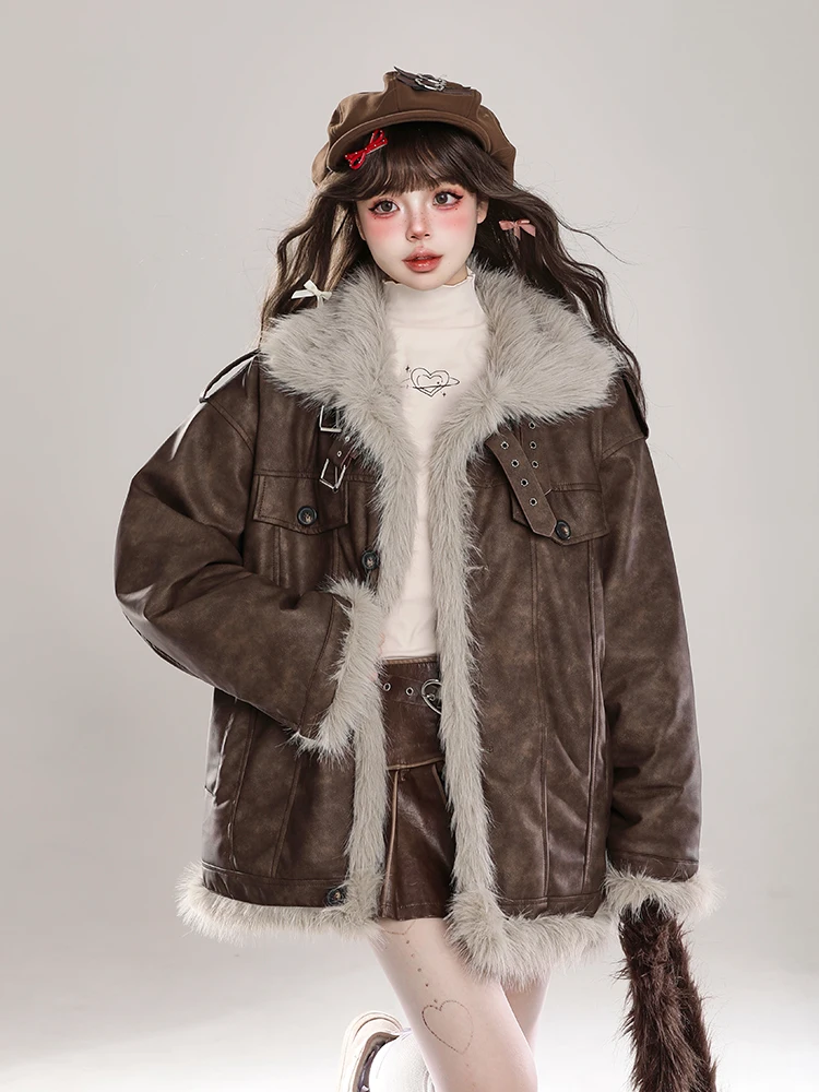 

Thiened PU Leather Jaet Women's Winter New Sle Faionable Fur Collar Loose Warm Fce Lined Motorcycle Windbreaker