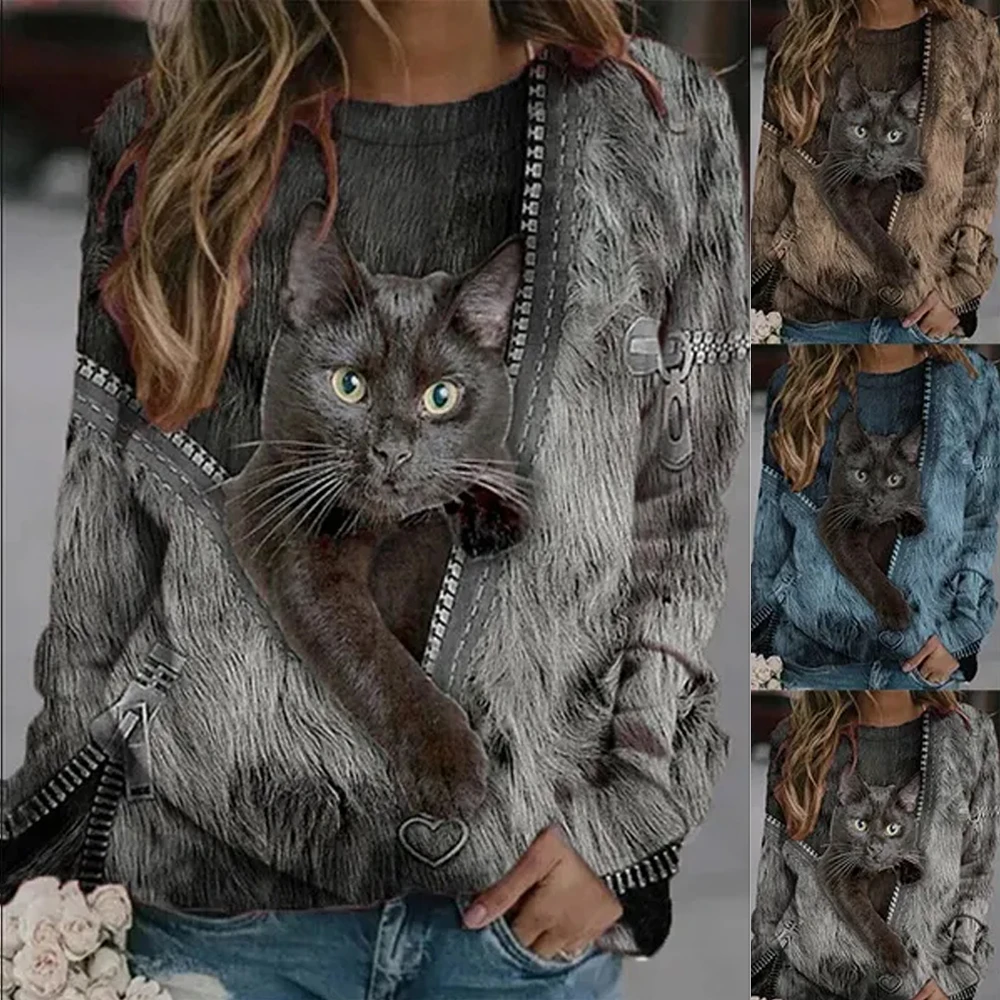 

Womens 3D Cat Printed Sweatshirt Pullvoer Long Sleeve Tops with Round Neck