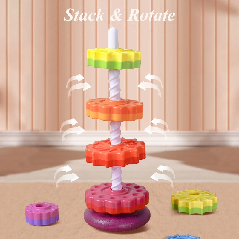 Baby Montessori Stacking Rainbow Tower Colorful Rotating Gears Rings Big Size Blocks Puzzle Education Toy for Toddle 6-18 Months