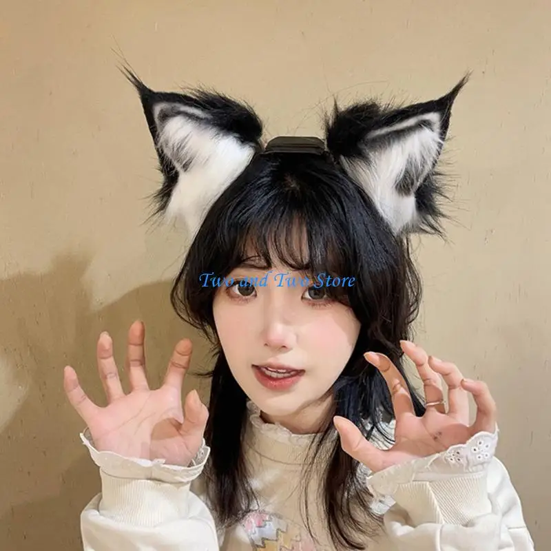 HX6F Realistic Kitten Ears Hairband Furry Headbands Plush for Cosplay Role Play and Photography Props