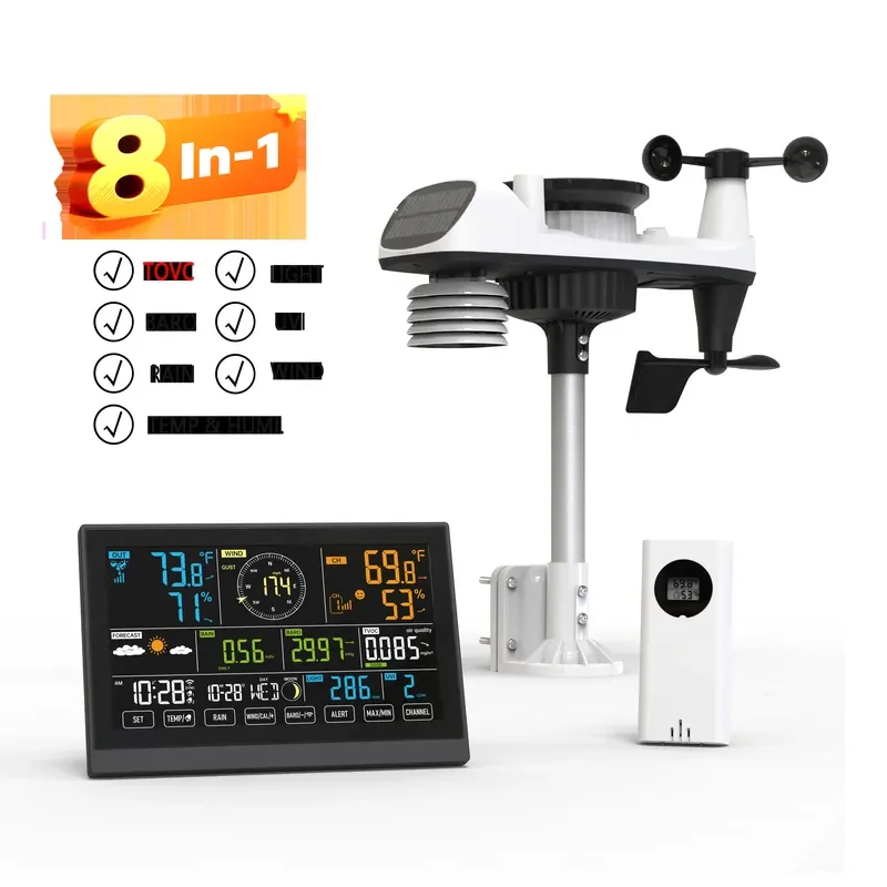 New Offer 8-in-1 Professional Weather Station with Color Display Temperature Humidity Weather Forecast Atomic Clock