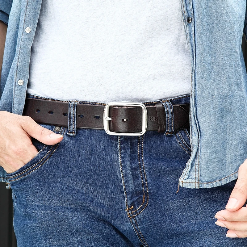 Belt men\'s leather needle buckle layer genuine cowhide stainless steel buckle men\'s belt youth casual handmade jeans belt