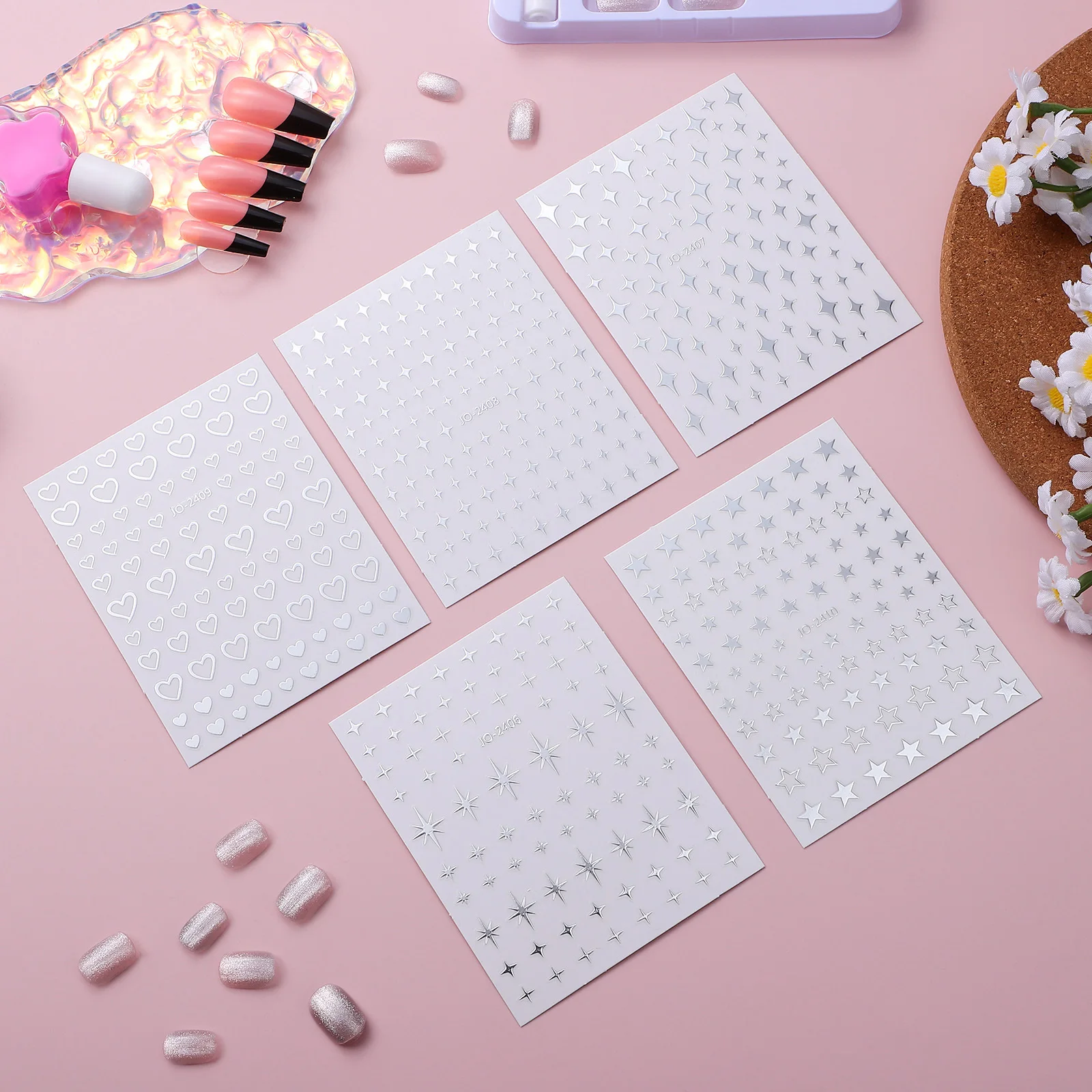 

5 Sheets Glitter Star Nail Stickers Self Adhesive Decals for Women Tiny Heart Designs Manicure Art Sparkle Nail Decoration