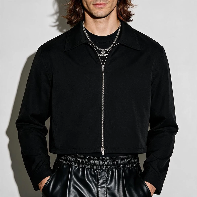 Autumn Men's Lapel Zip Up Cropped Jacket Solid Color Casual Shoulder Loose Fit Short Outerwear Streetwear Fashion Coat S-2XL