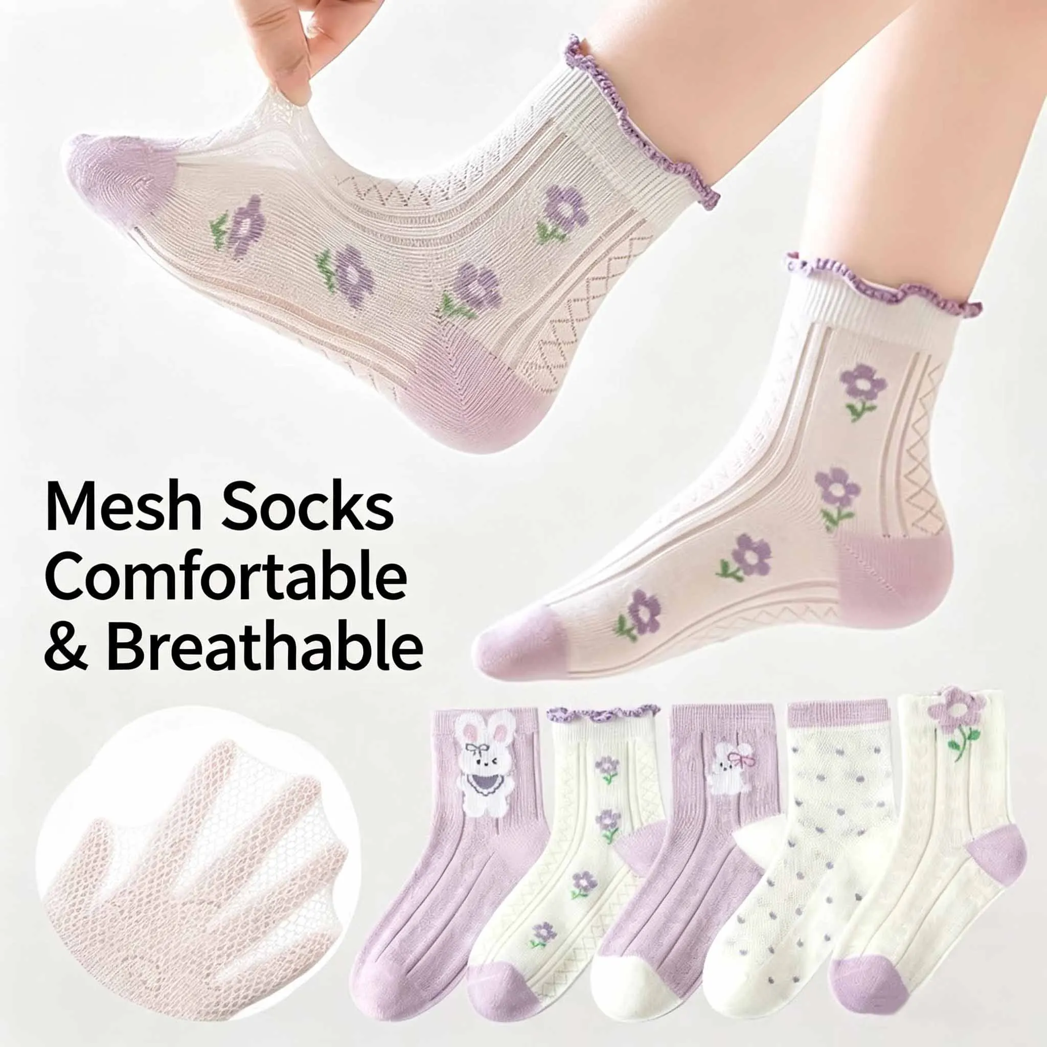 Girls Summer Mesh Crew Socks 5 Pairs Cute Rabbit Floral Print Breathable Mid‑Calf Socks Sweet Purple Fashion Kids Socks Comforta