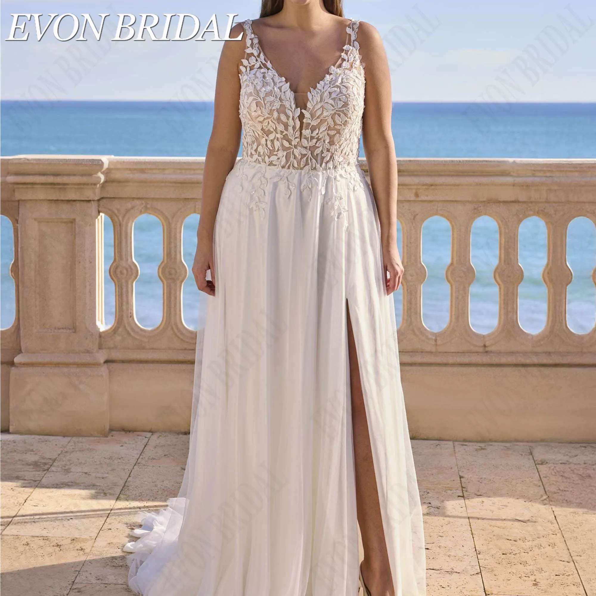 EVON BRIDAL Customized Spaghetti Strap Wedding Dress Plus Size Sequined Lace Appliques Tulle Bride Gown Side Slit Bridal Dresses
