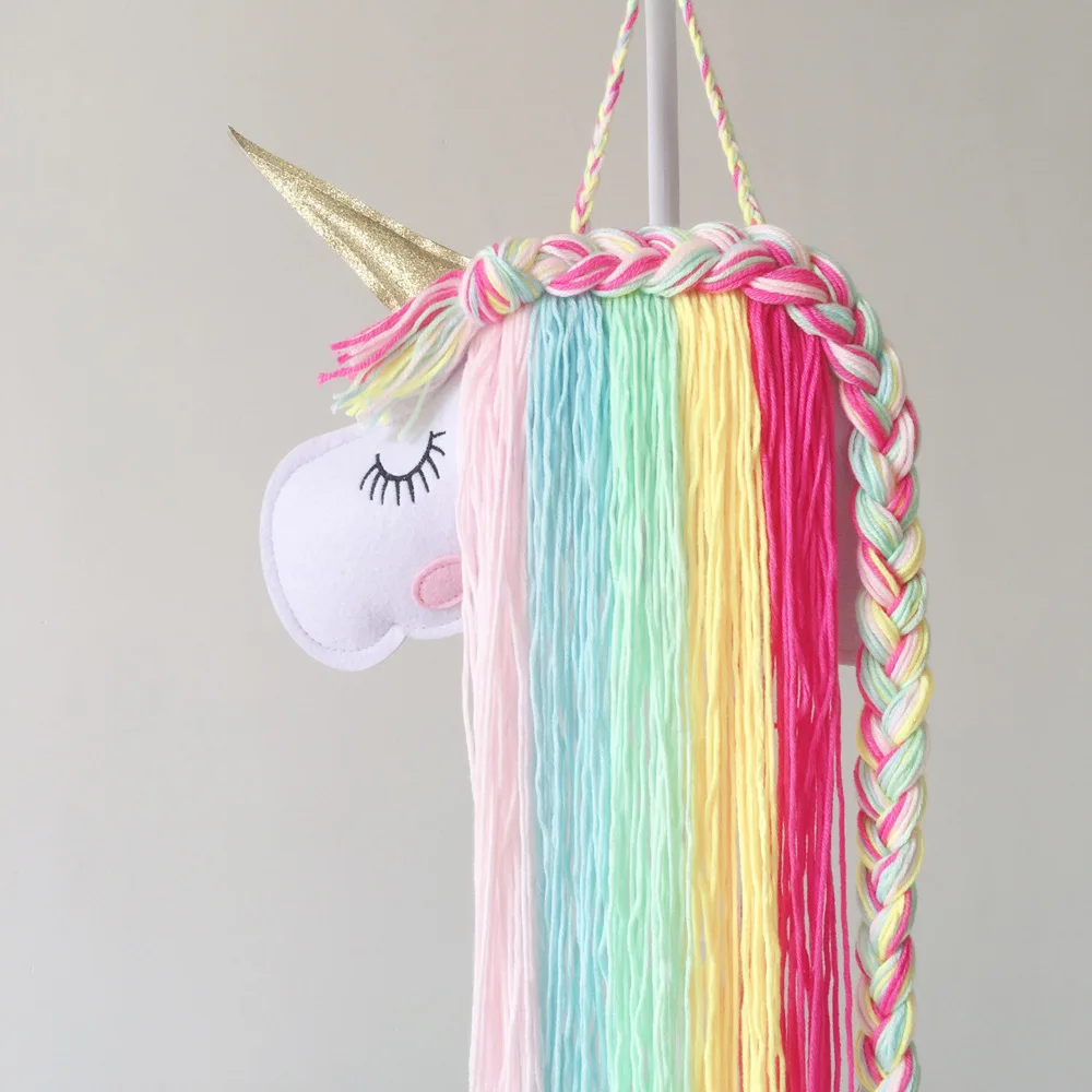 Rainbow Macrame Children Hairclip Hair Storage with Wall-Mounted Unicorn Head Wall Decoration Home Decor