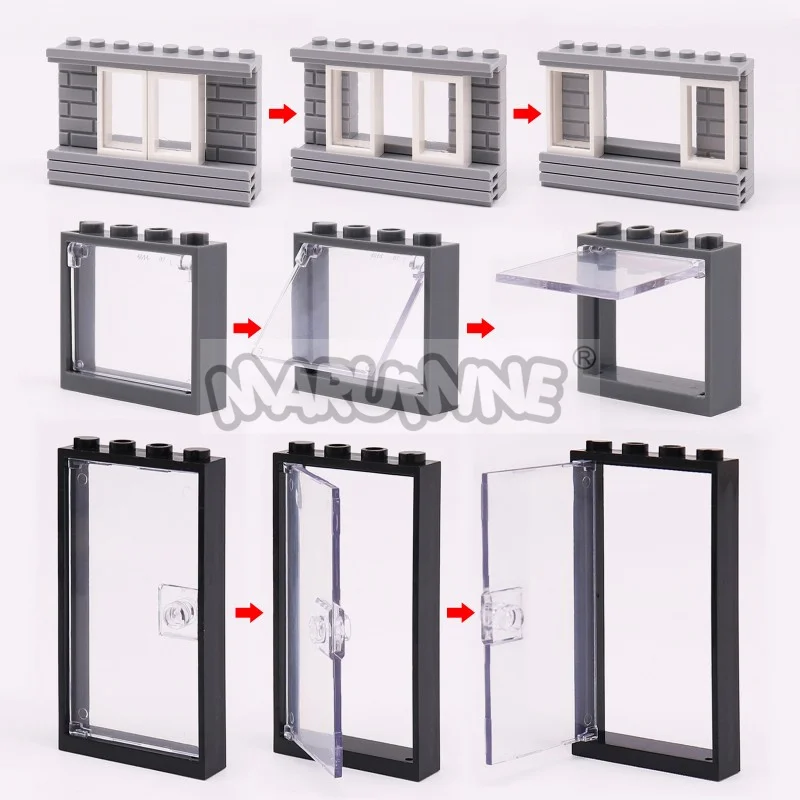 MARUMINE MOC Akcesoria do klocków konstrukcyjnych 32 SZT. Drzwi Okno Widok na ulicę miasta Model domu Zestaw klocków Kompatybilny z 60594